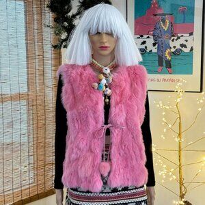 Carrie Allen~Pretty In Pink Rabbit Fur Vest~Pom Pom Tie Front~Size Large